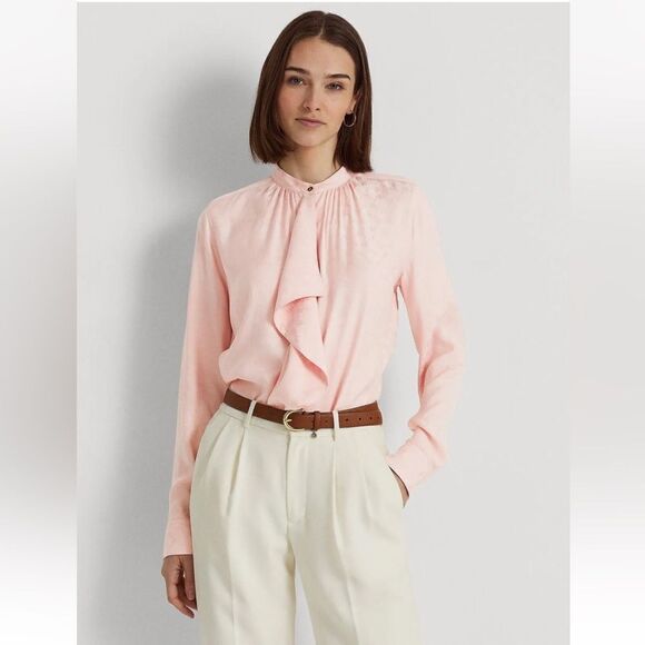 Black Label Ralph Lauren L11009 Pale Pink Ruffle-Trim Logo Jacquard Shirt Size M - Picture 1 of 10
